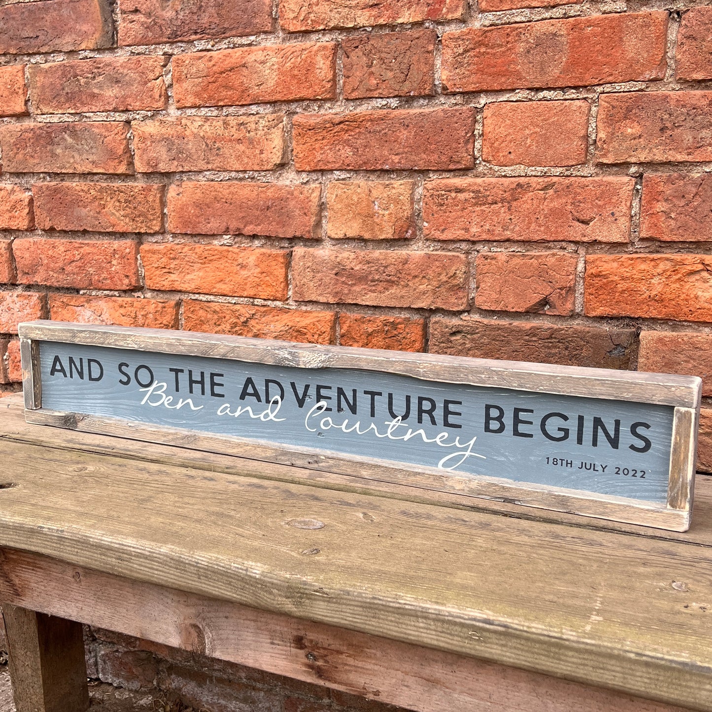 And So The Adventure Begins | Framed Rustic Long Wood Sign | Personalised