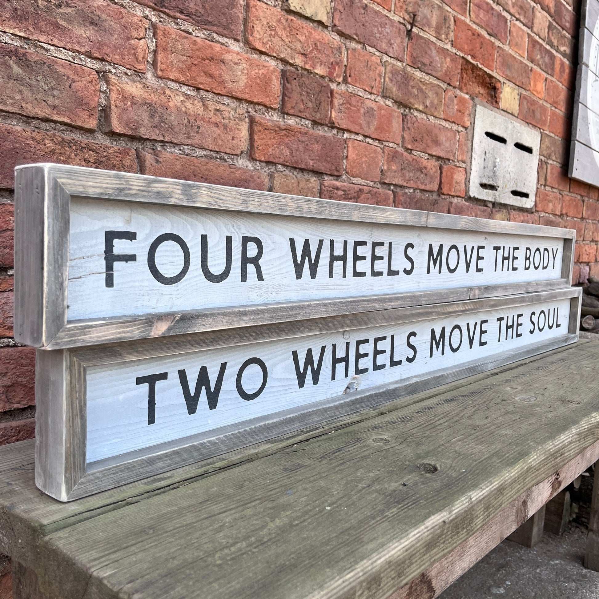 Two Wheels Move The Soul | Framed Long Wood Sign | Set of 2 - The Imperfect Wood Company - Rustic Framed Long Wood Sign