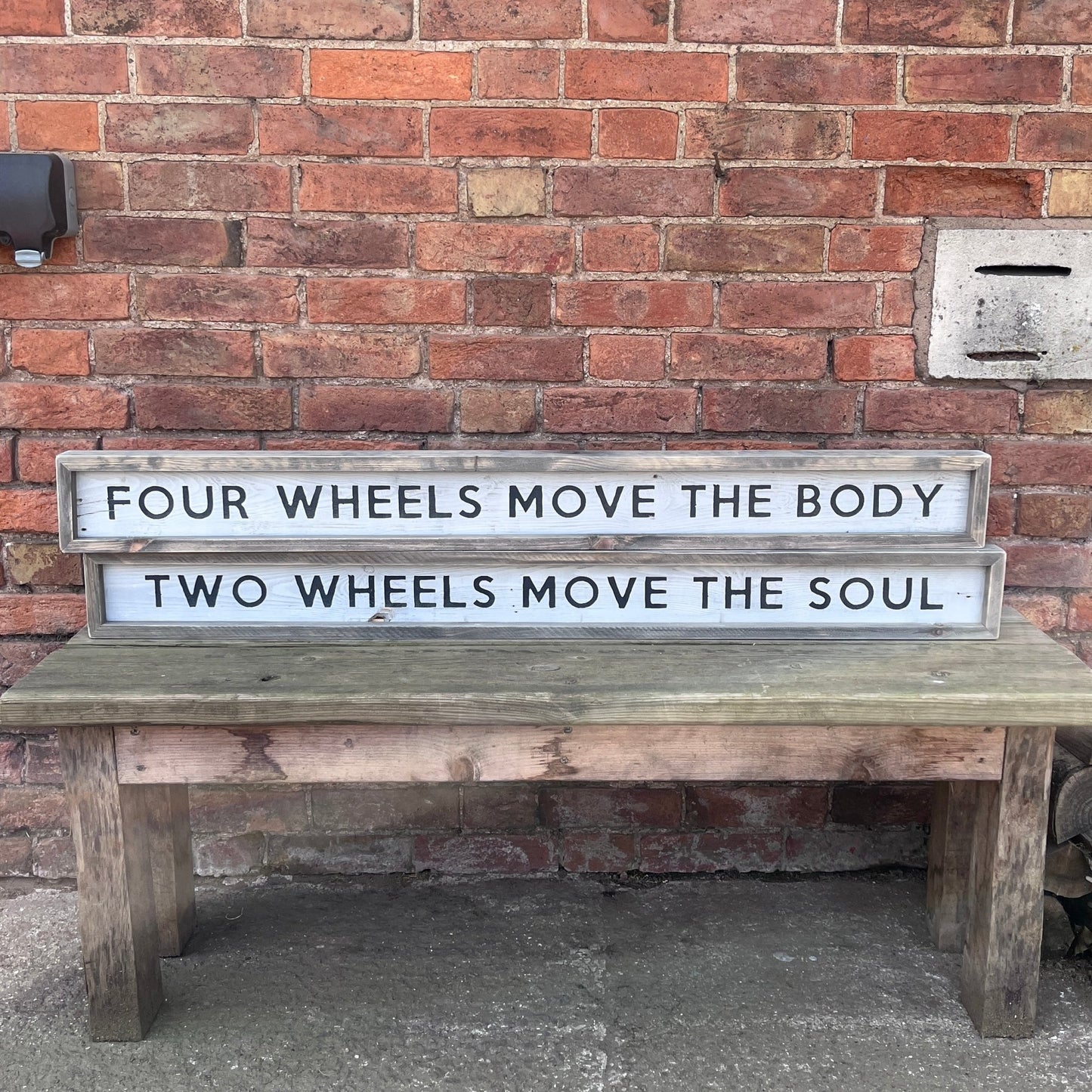 Two Wheels Move The Soul | Framed Long Wood Sign | Set of 2 - The Imperfect Wood Company - Rustic Framed Long Wood Sign
